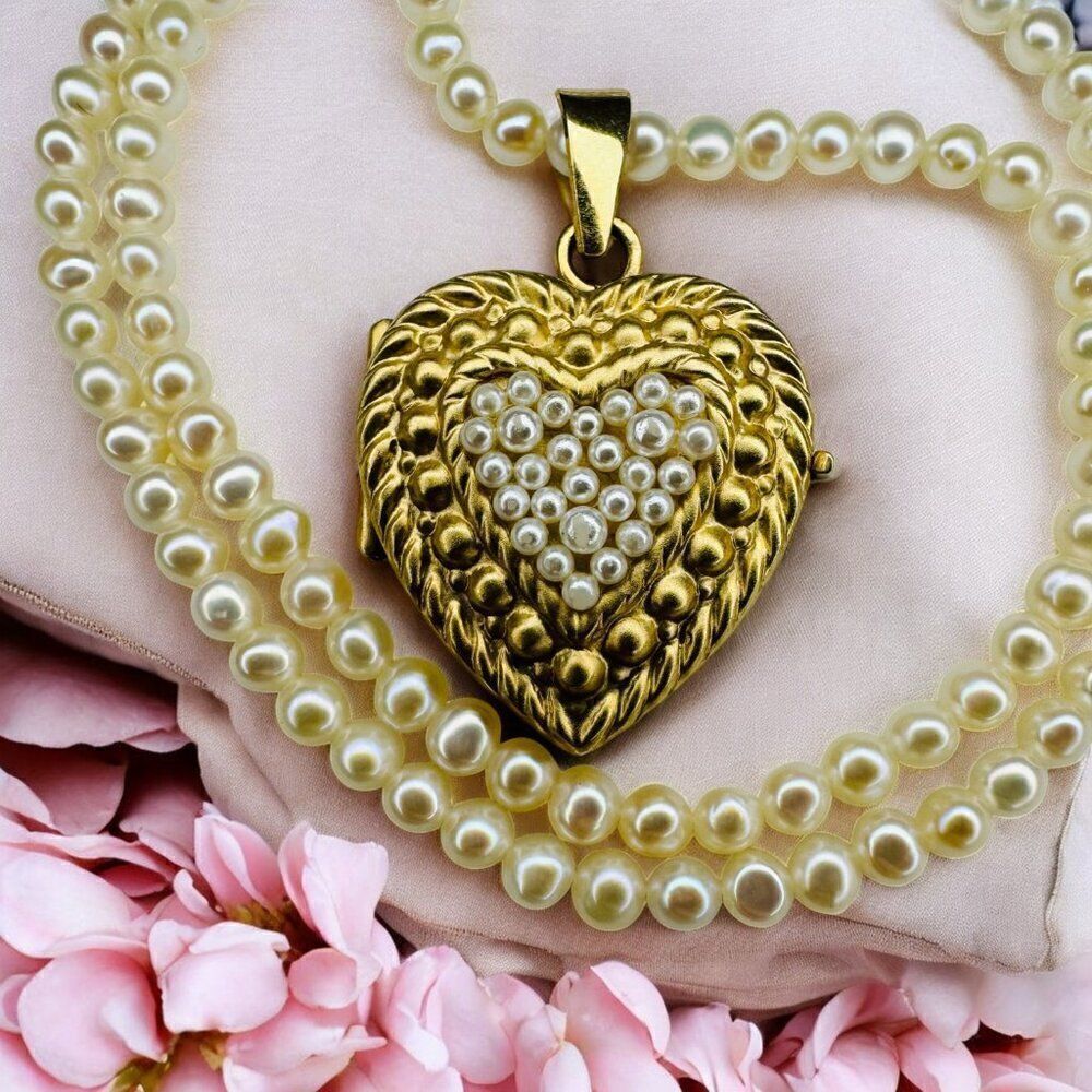 ANTIQUE- 14K Gold- Seed Pearl Heart Locket Necklace -19" -Victorian Era- 12.8g
